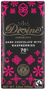 DIVINE CHOCOLATE: 70% Dark Chocolate Bar with Raspberries, 3.5 oz