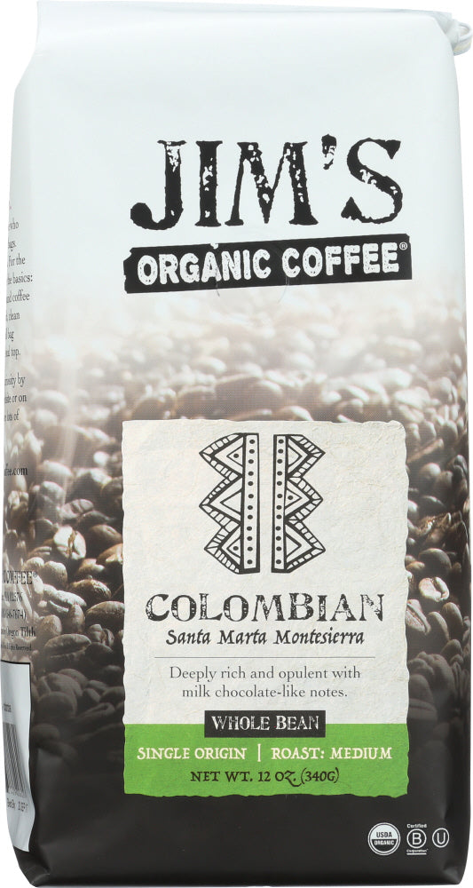 JIM'S ORGANIC COFFEE: Whole Bean Colombian, 12 oz
